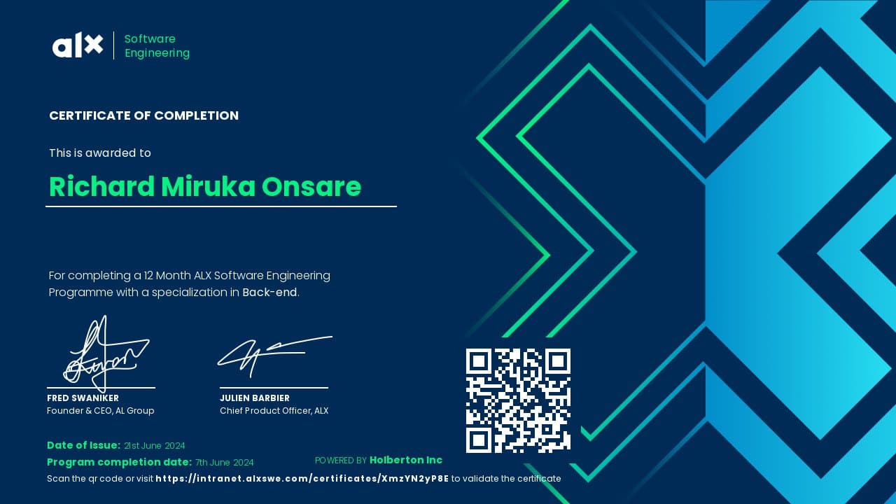 ALX Software Engineering — Back-end Specialization certificate