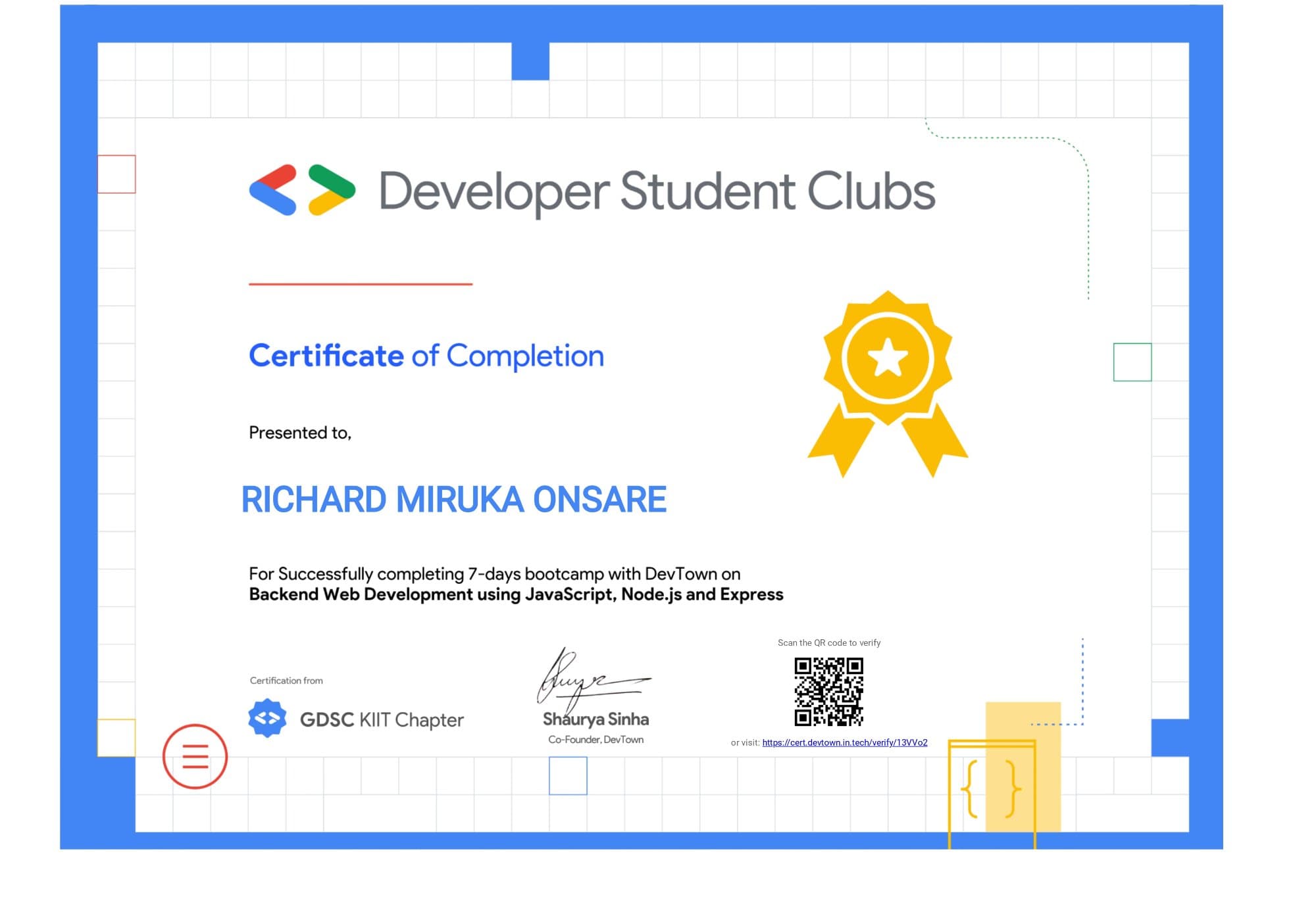 Backend Web Development — Node.js & Express certificate